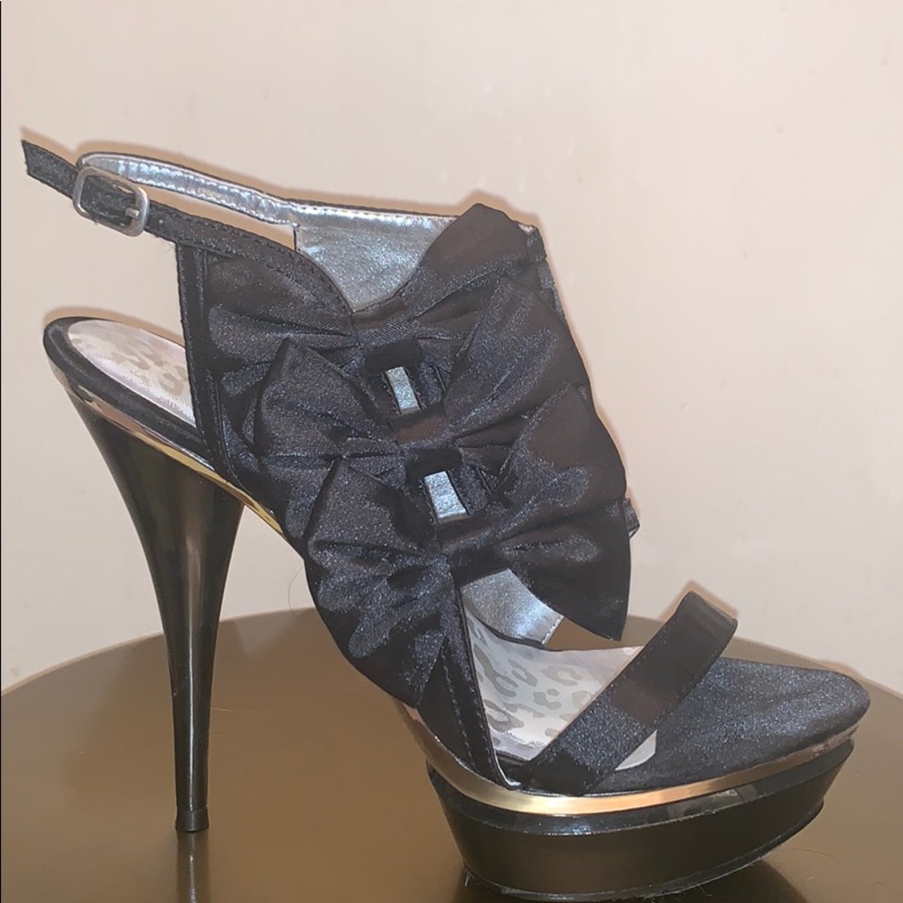 Black Satin Bows Platform Sandal with Silver Trim - Picture 1 of 7